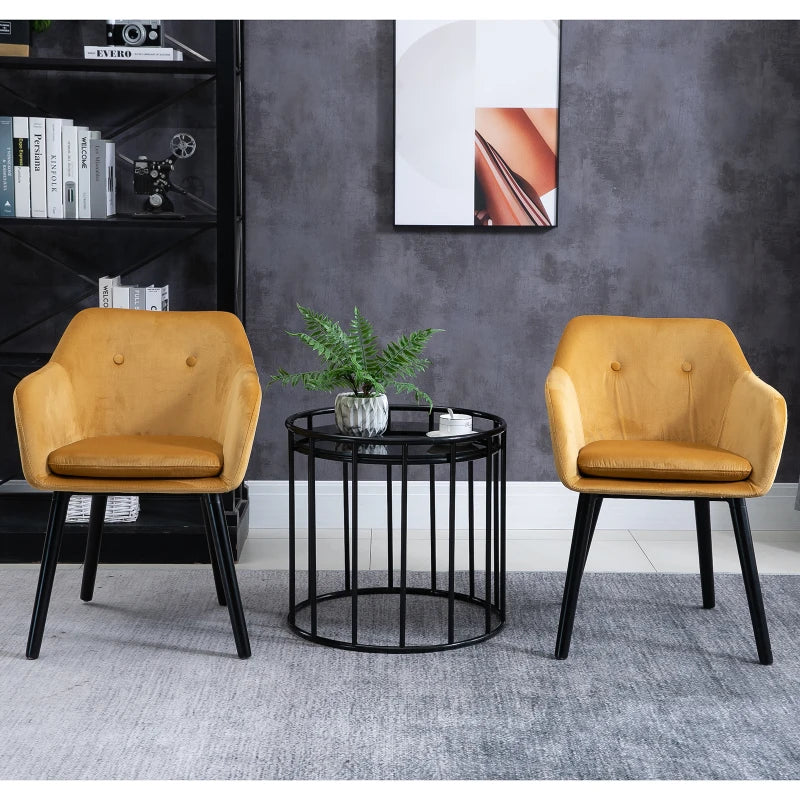 Yellow Velvet Upholstered Dining Chairs Set of 2 with Backrest and Armrests