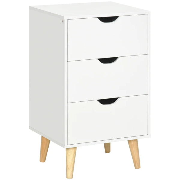 White 3-Drawer Bedside Cabinet with Wood Legs