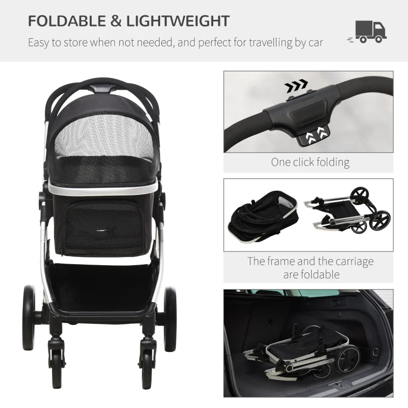 Black 3-in-1 Foldable Pet Stroller with EVA Wheels & Canopy