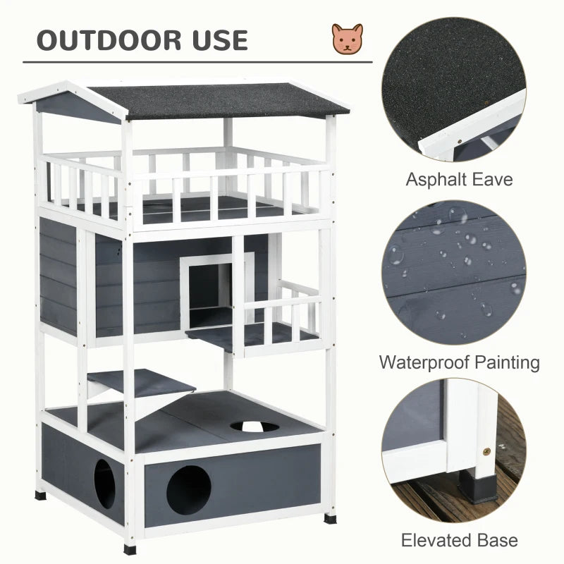 Grey Wooden 3-Tier Outdoor Cat House with Tilted Roof and Waterproof Paint