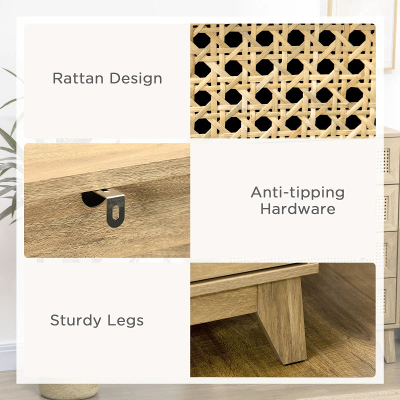 Rattan 4-Drawer Storage Cabinet, Wood Effect, 80x35x95cm, Brown