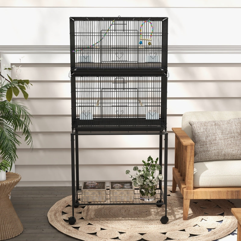 Black Two-Tier Bird Cage with Stand for Small Birds