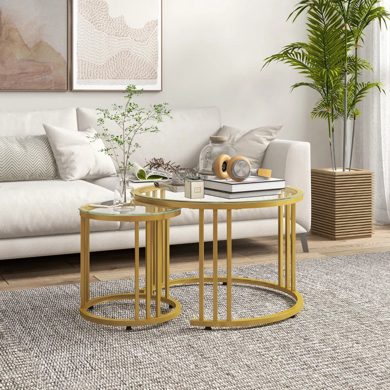 Gold Tone Round Glass Coffee Tables Set of 2, Steel Frame, 60cmx60cmx47cm