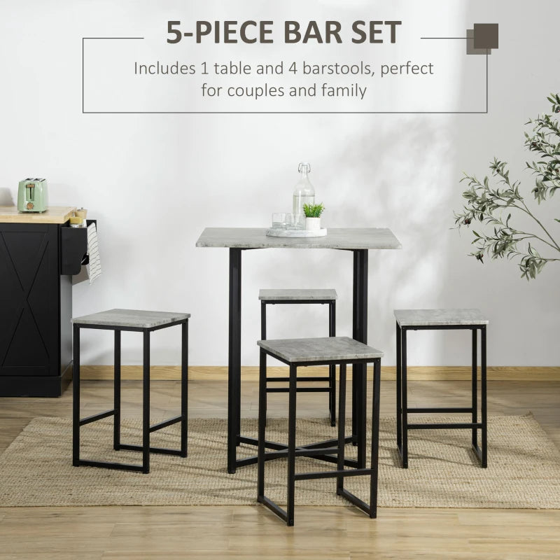 Grey Concrete Effect 5-Piece Square Bar Table Set with Stools
