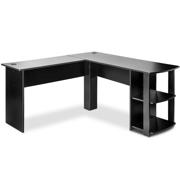 Black L-Shaped Corner Desk with Storage Shelves, Home Office Gaming Desk, 140x140x75 cm