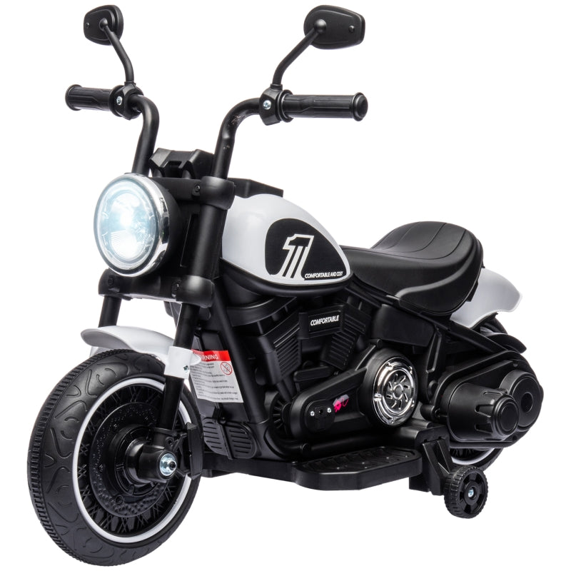 White 6V Electric Motorbike with Training Wheels, One-Button Start