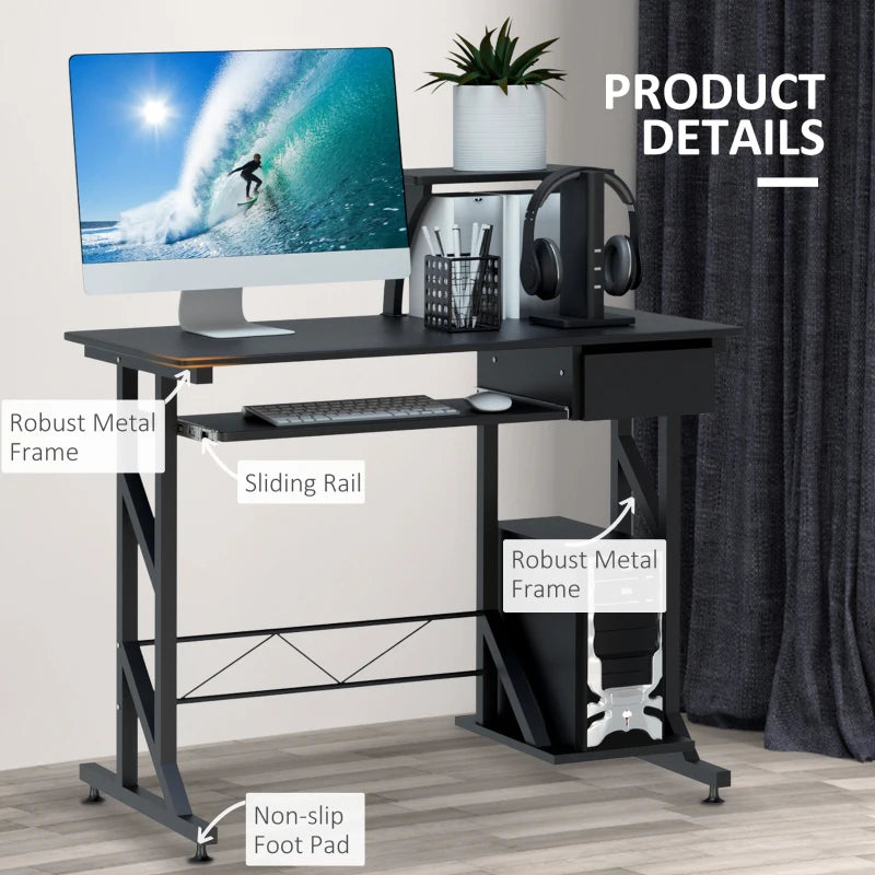 Black Computer Desk with Display Stand and Sliding Keyboard Tray