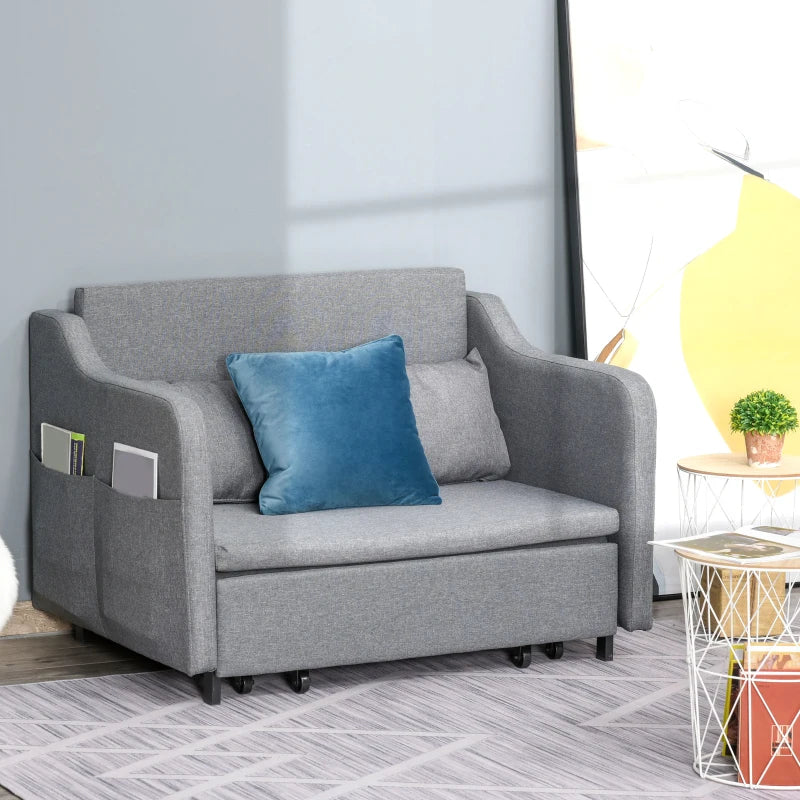 Grey 2 Seater Sofa Bed with Pillows and Side Pockets