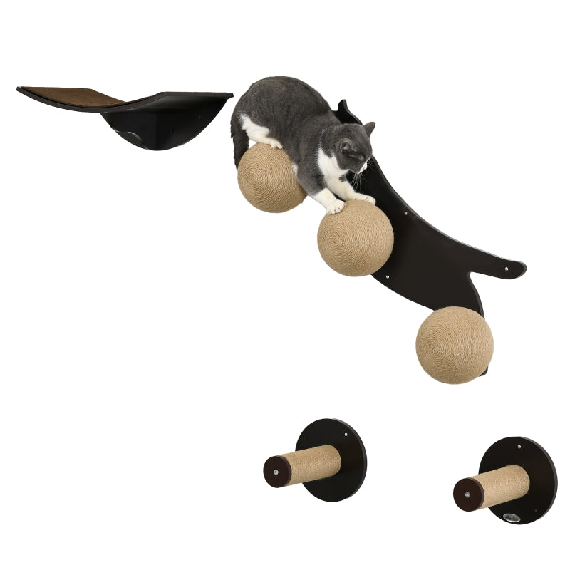 Brown Cat Wall Furniture with Curved Platforms and Scratching Posts