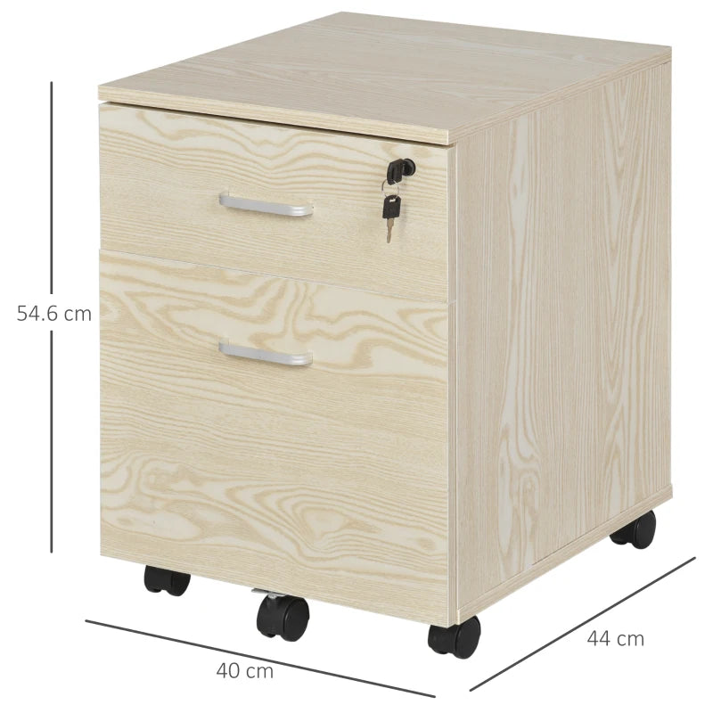 Oak Wood Grain 2-Drawer Locking Filing Cabinet with Wheels