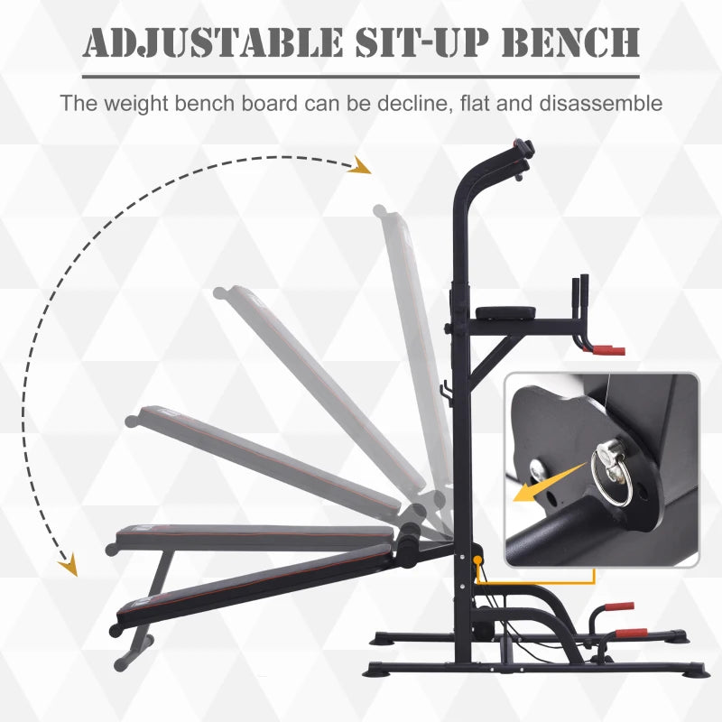 Black Multifunction Home Workout Power Tower with Sit-up Bench and Push-up Bars