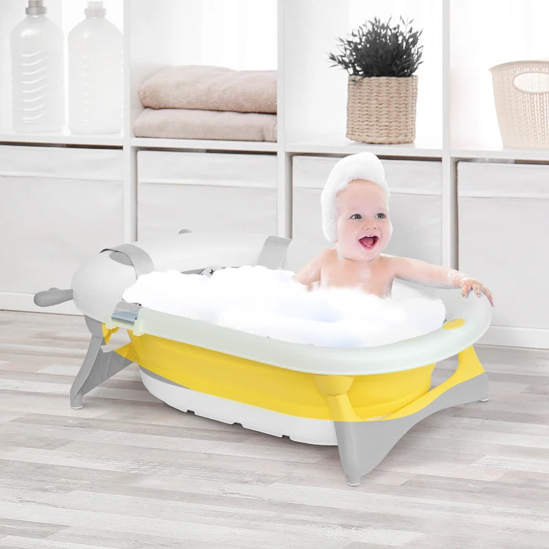 Yellow Foldable Baby Bathtub Set with Thermostatic Water Plug