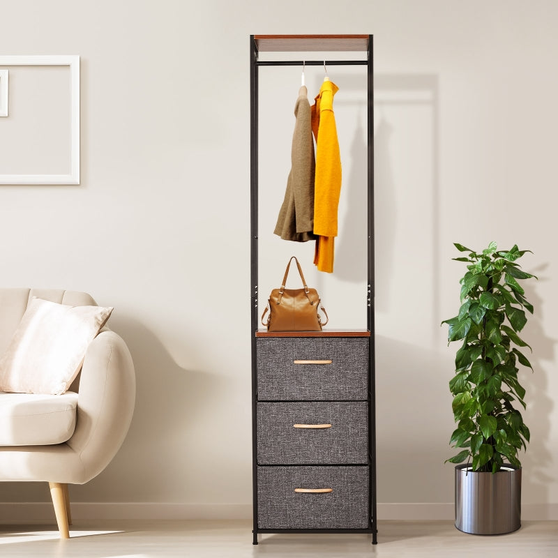 Grey Coat Rack with 3 Drawers - Steel Frame Storage Organizer