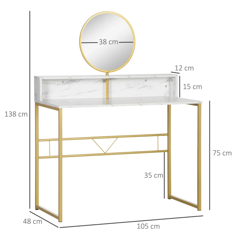 White Modern Vanity Dressing Table with Round Mirror and Faux Marble Texture