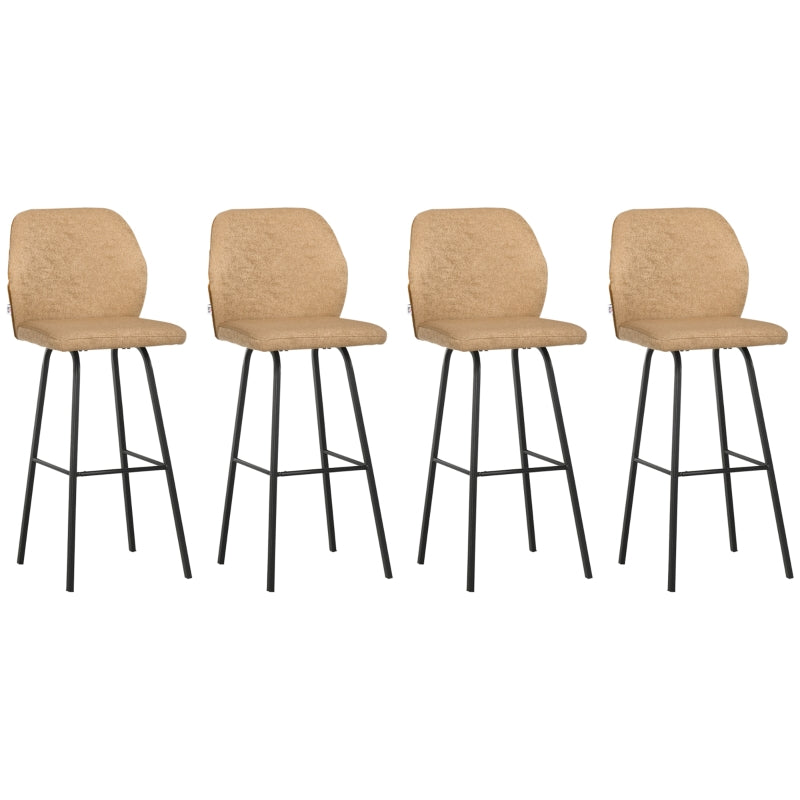 Set of 4 Light Brown Upholstered Bar Stools with Backs and Steel Legs