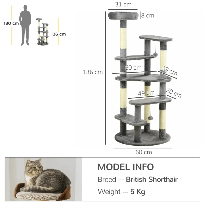 Grey Cat Tree Tower with Scratching Posts and Bed