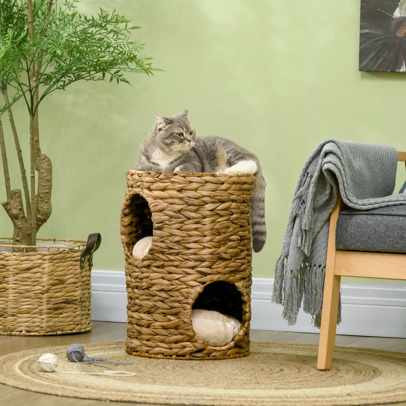 Cat Barrel Tree with 2 Houses & Cushion - Light Brown