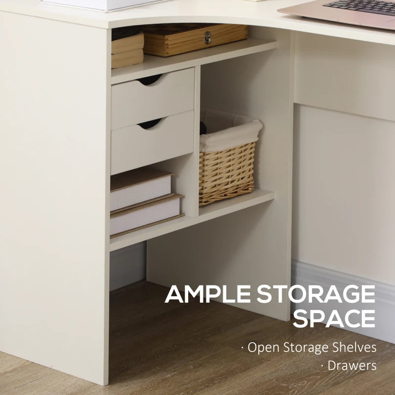 White L-Shaped Computer Desk with Drawers and Storage Compartments