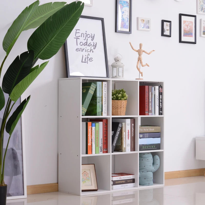 White Wooden 9 Cube Storage Unit with 3 Tier Bookcase Shelves