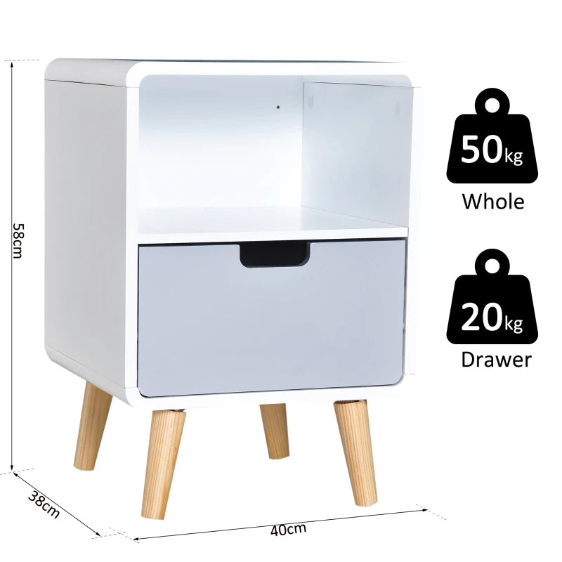 Wooden Nightstand with Drawer - White Scandinavian Style