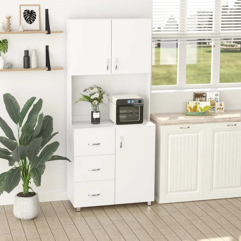 White Kitchen Storage Cabinet with Drawers and Shelves