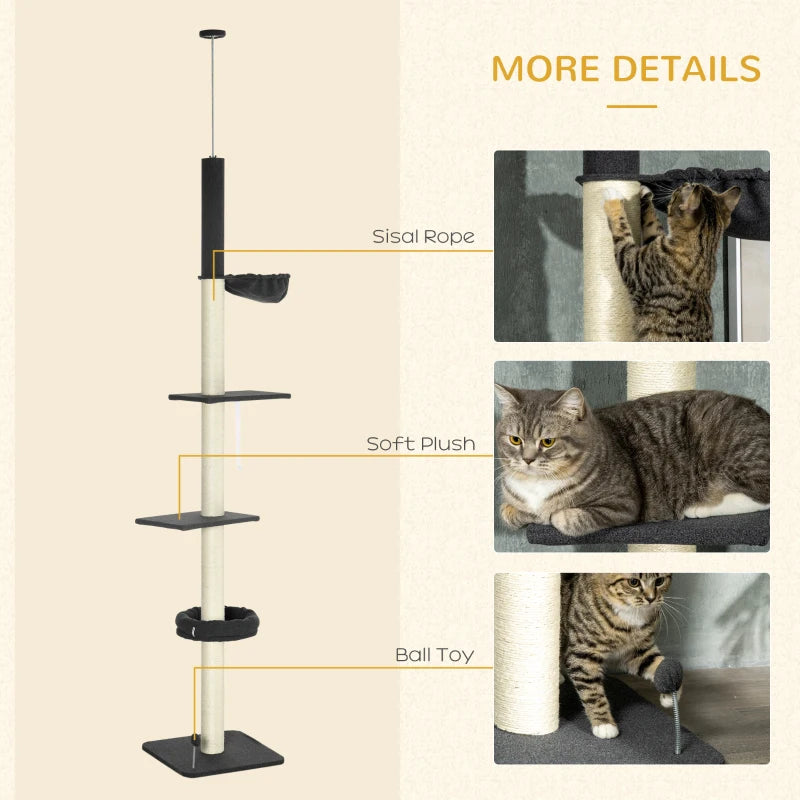 Floor-to-Ceiling 5 Tier Cat Tree with Bed, Hammock, Platforms - Black/Cream