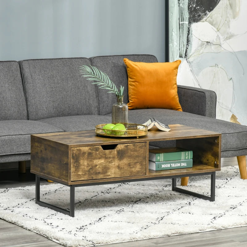 Rustic Brown Industrial Coffee Table with Storage Shelf and Drawer