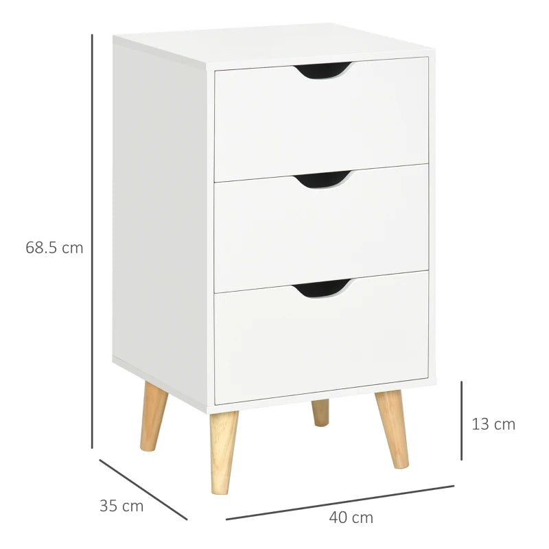 White 3-Drawer Bedside Cabinet with Wood Legs