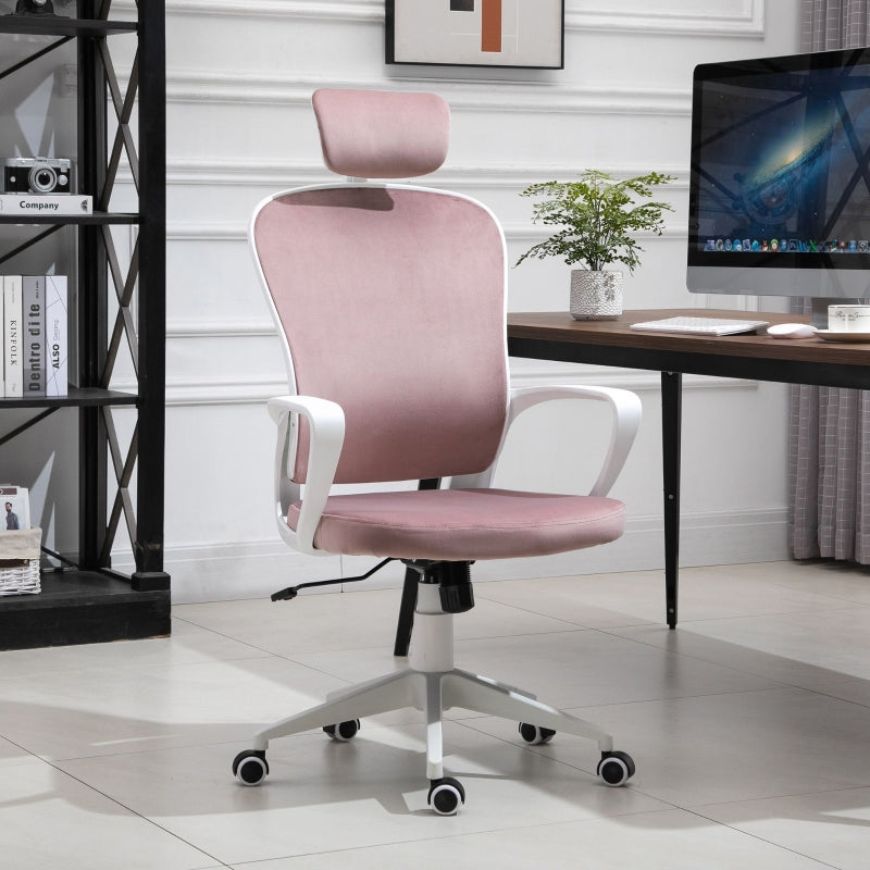 Velvet Pink Ergonomic High Back Office Chair with Adjustable Headrest