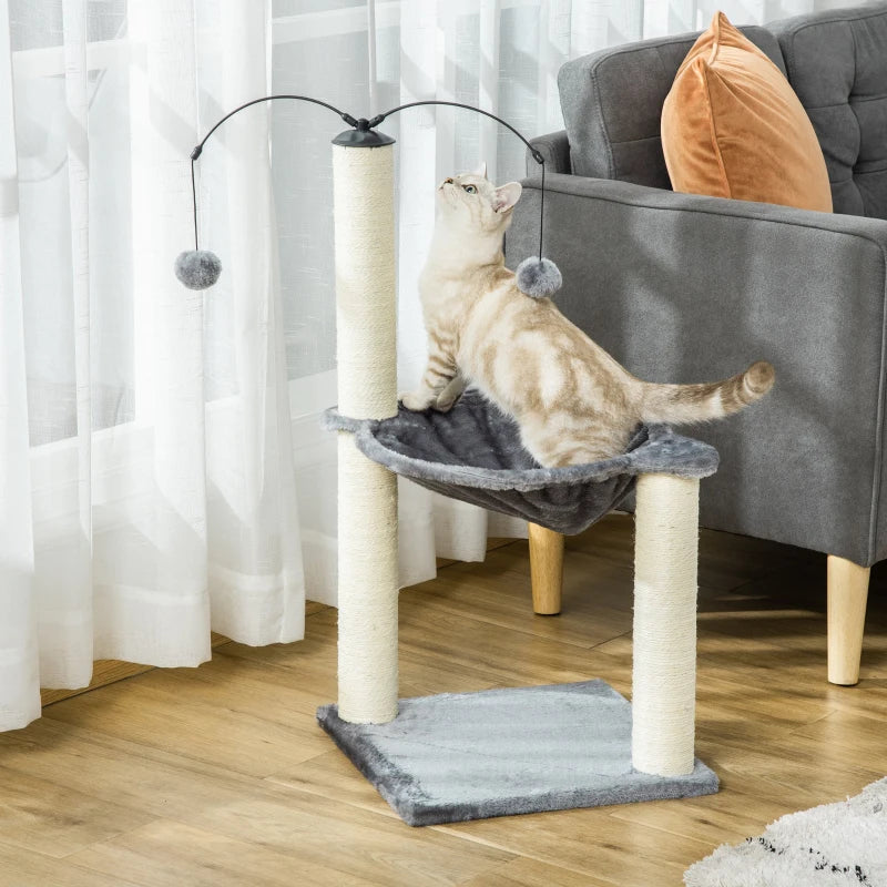 Grey Cat Tree Tower with Scratching Post, Hammock & Ball - 40x40x83 cm