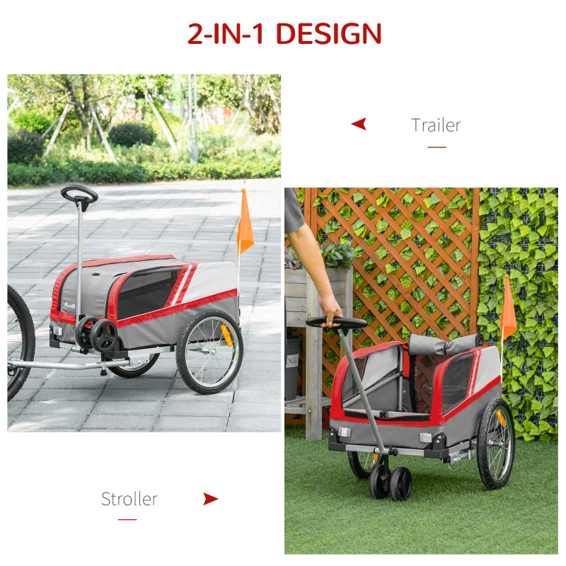 Red Dog Bike Trailer 2-in-1 Trolley Stroller Cart for Cat Puppy Travel