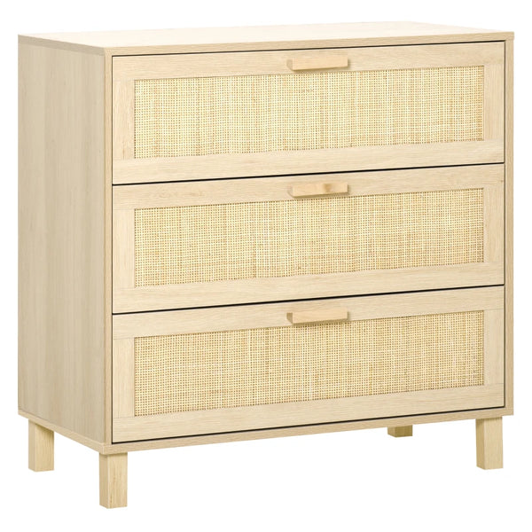 Natural Rattan 3-Drawer Boho Dresser for Bedroom, Living Room, Hallway