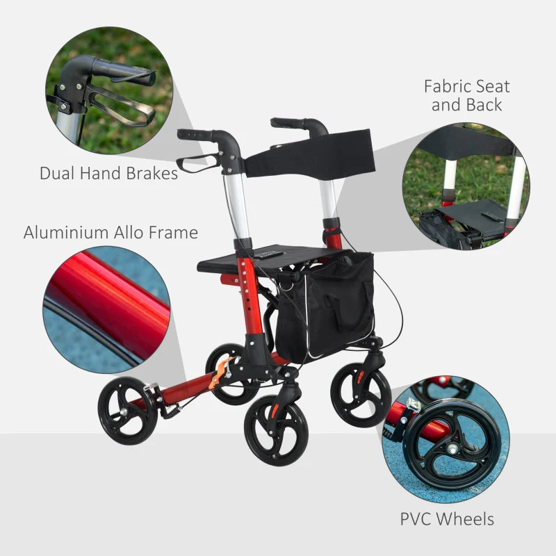 Red Folding Rollator Walker with Seat and Storage Bag