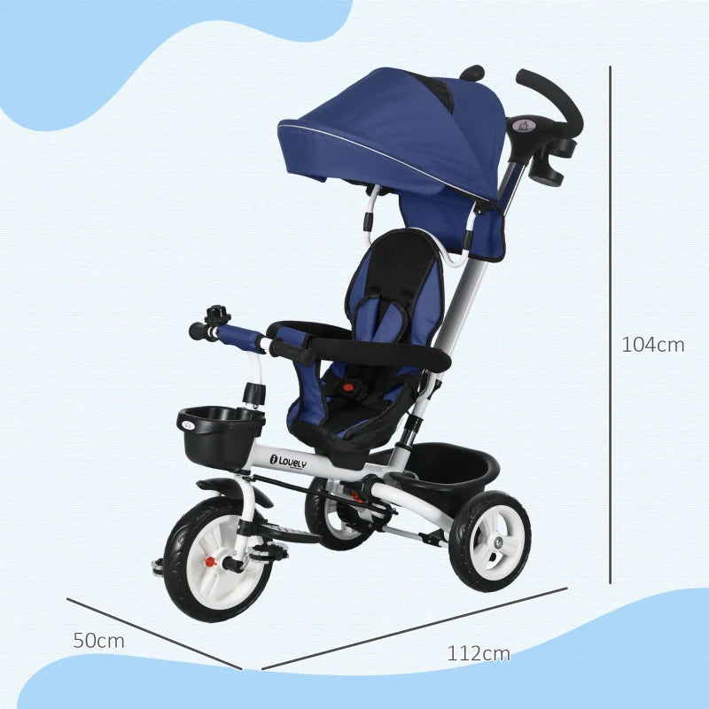 Dark Blue 6-in-1 Baby Push Tricycle with Parent Handle - Ages 1-5