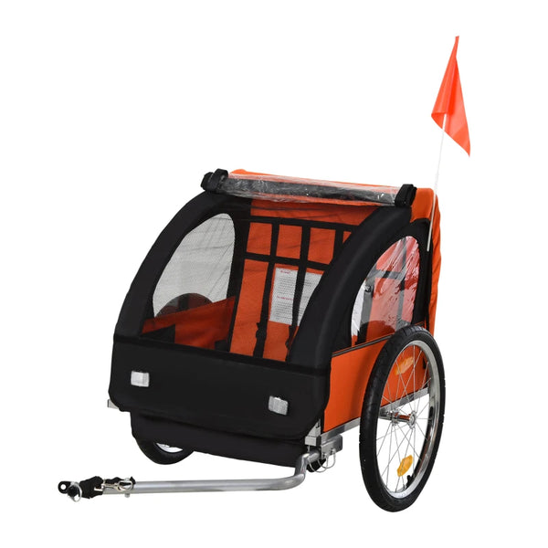Orange Black 2-Seat Child Bike Trailer with Safety Harness