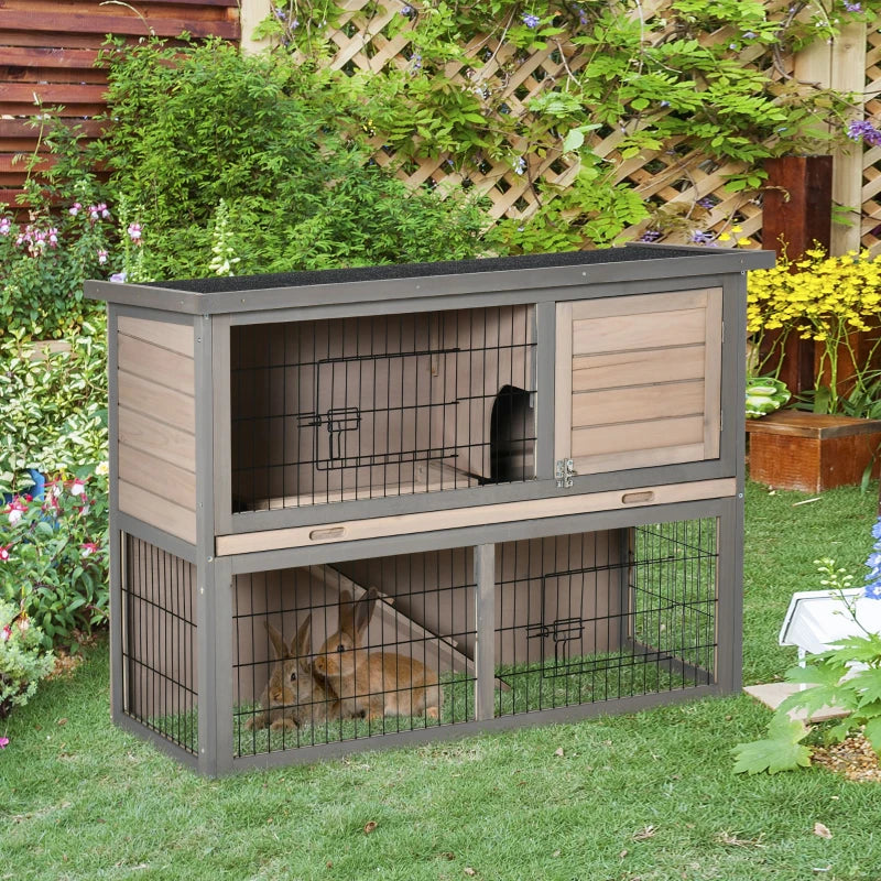 Brown 2 Tier Wooden Rabbit Hutch Guinea Pig House with Ramp and Outdoor Run - Small Animal Cage