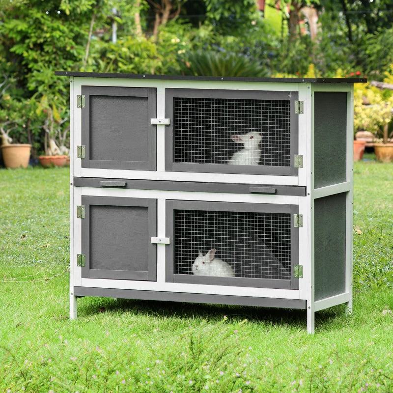 Grey 2 Tier Rabbit Hutch with Sliding Tray & Ramp, 100x47x91cm