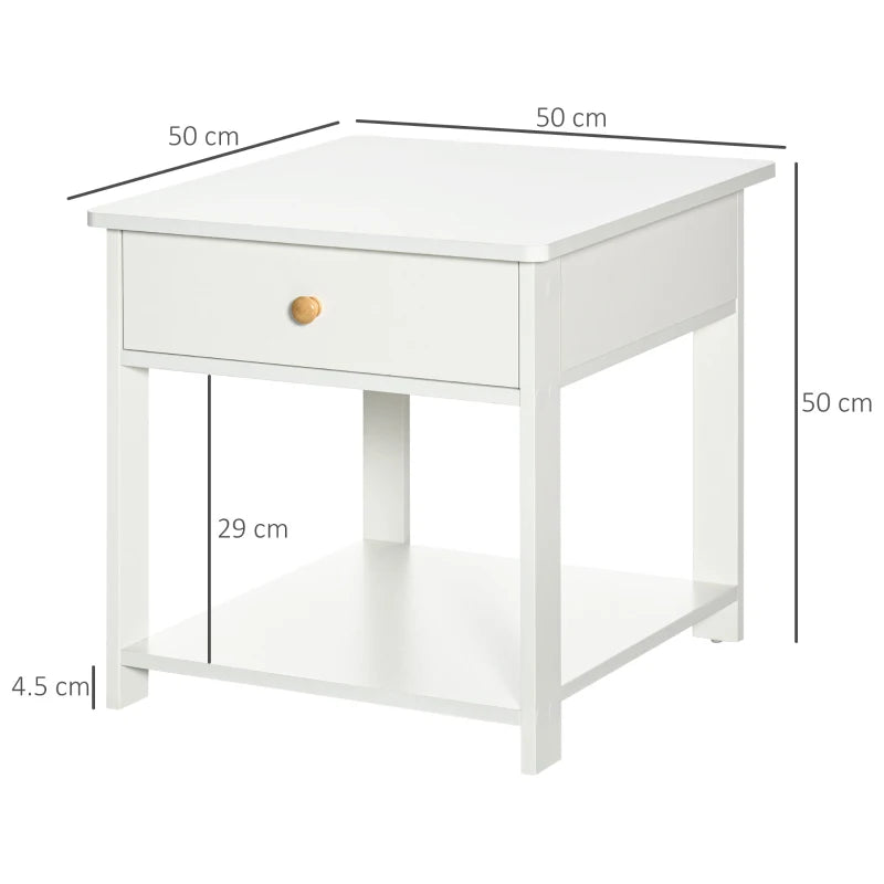 White Square Bedside Table with Drawer and Shelf