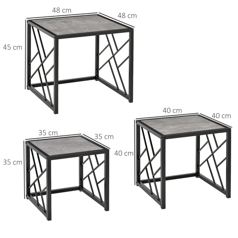 Grey Square Nesting Coffee Tables Set, 3-Piece Black Metal Frame Side Tables