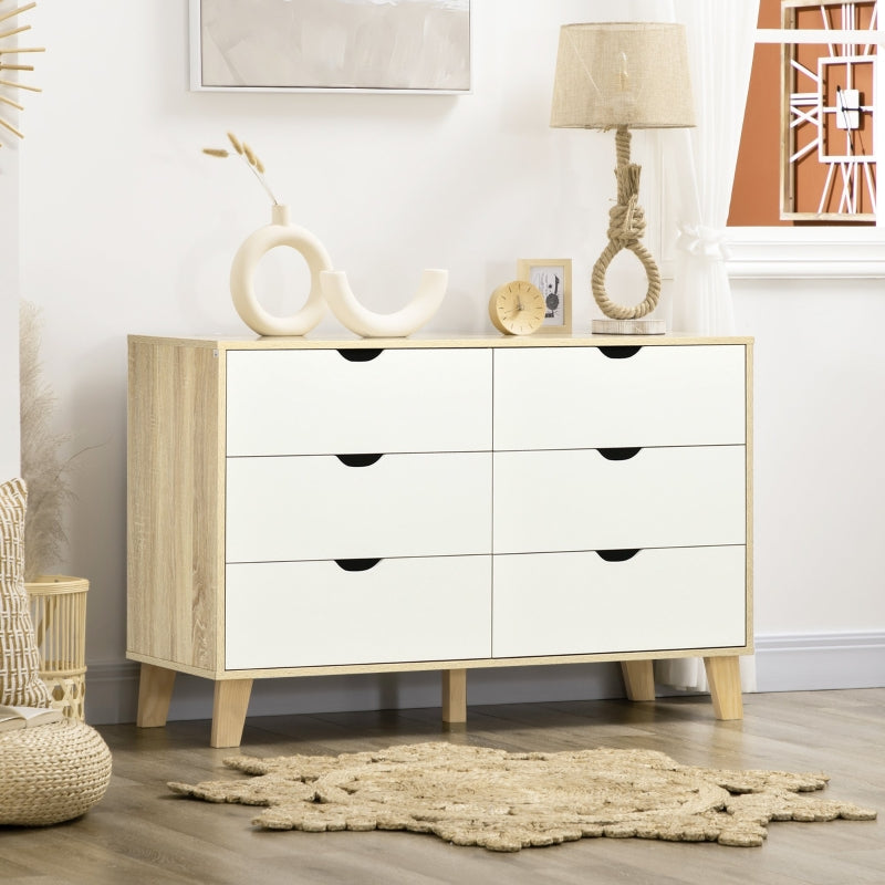 6-Drawer White and Light Brown Bedroom Dresser with Wood Legs