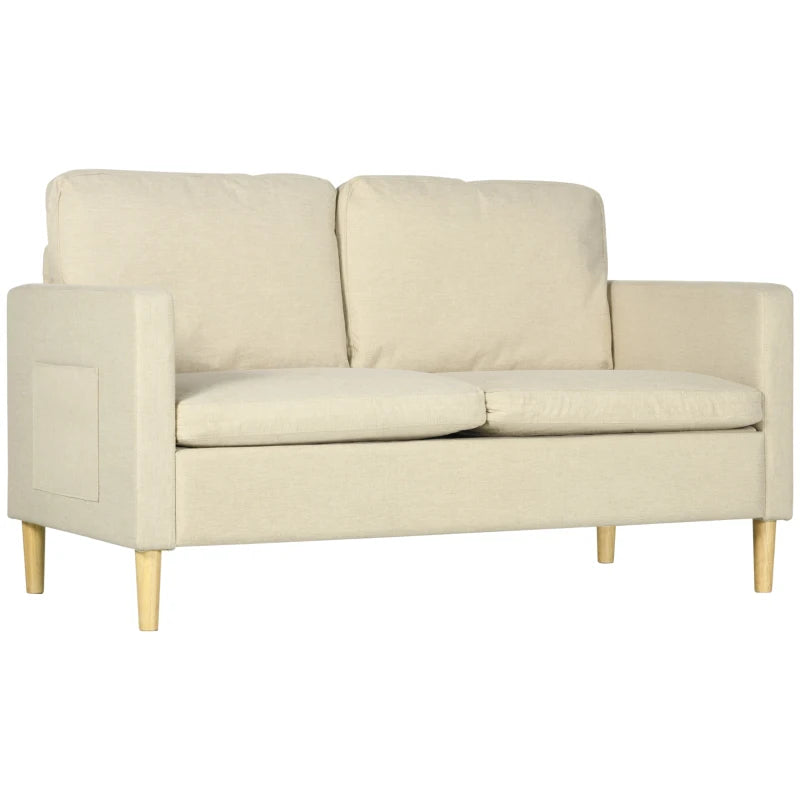 Beige Fabric Two Seater Sofa with Wood Legs and Pockets for Living Room