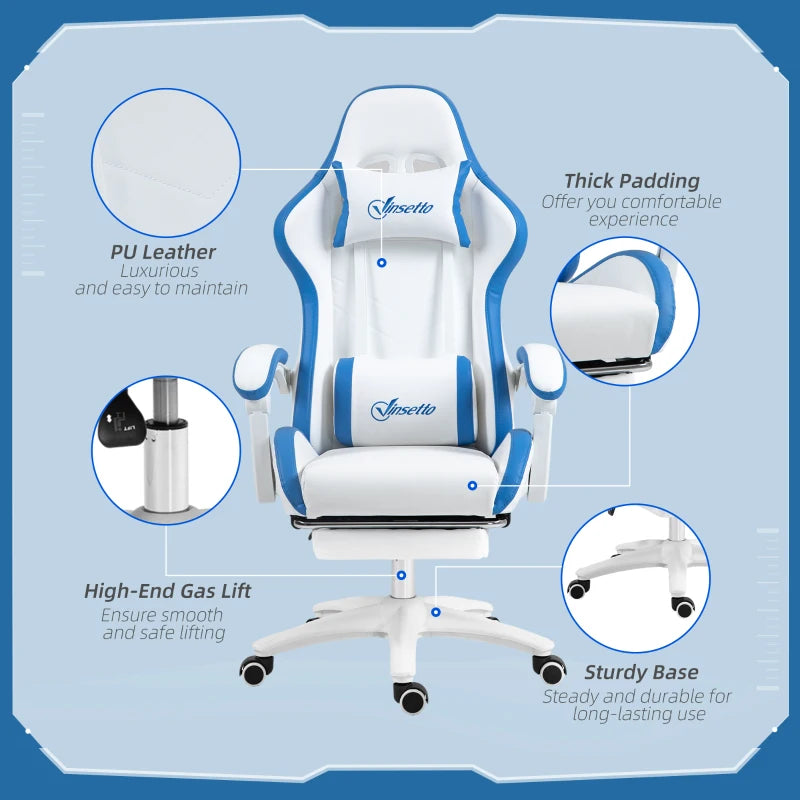 White and Blue Racing Gaming Chair with Footrest and Swivel Seat