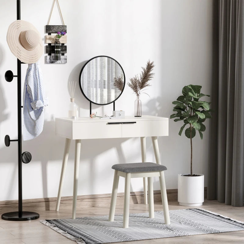 White Vanity Dressing Table Set with Mirror, Stool, and Organiser