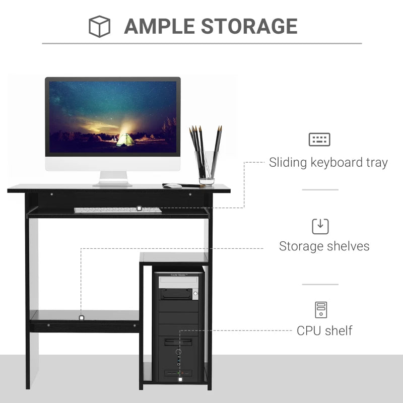 Black Compact Corner Computer Desk with Keyboard Tray and Storage Shelf