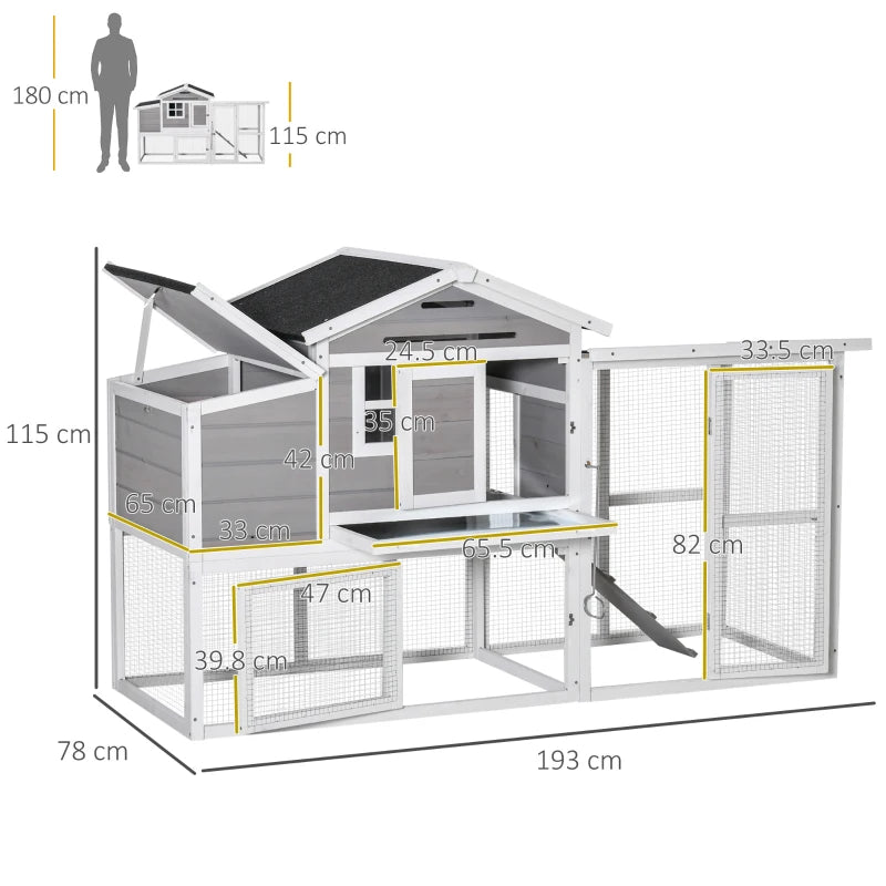 Wooden Chicken Coop with Run and Nesting Box - Outdoor Poultry Cage (Grey) - 193 x 78 x 115cm