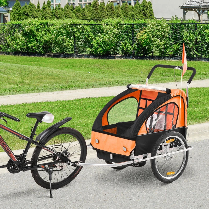 Orange 2-Seater Collapsible Baby Bike Trailer with Pivot Wheel Hitch