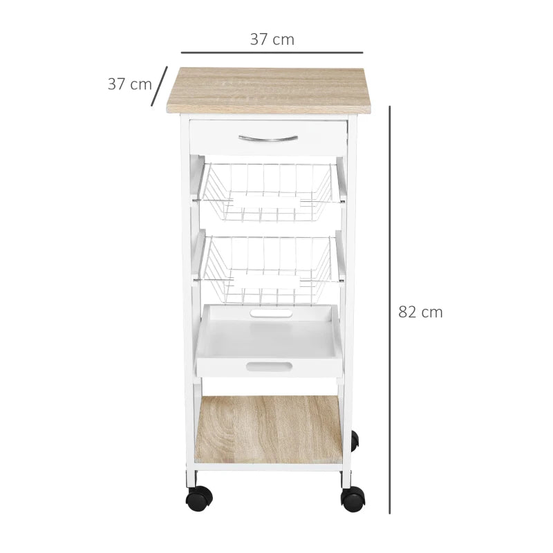 White Rolling Kitchen Island Trolley with Metal Baskets and Shelves