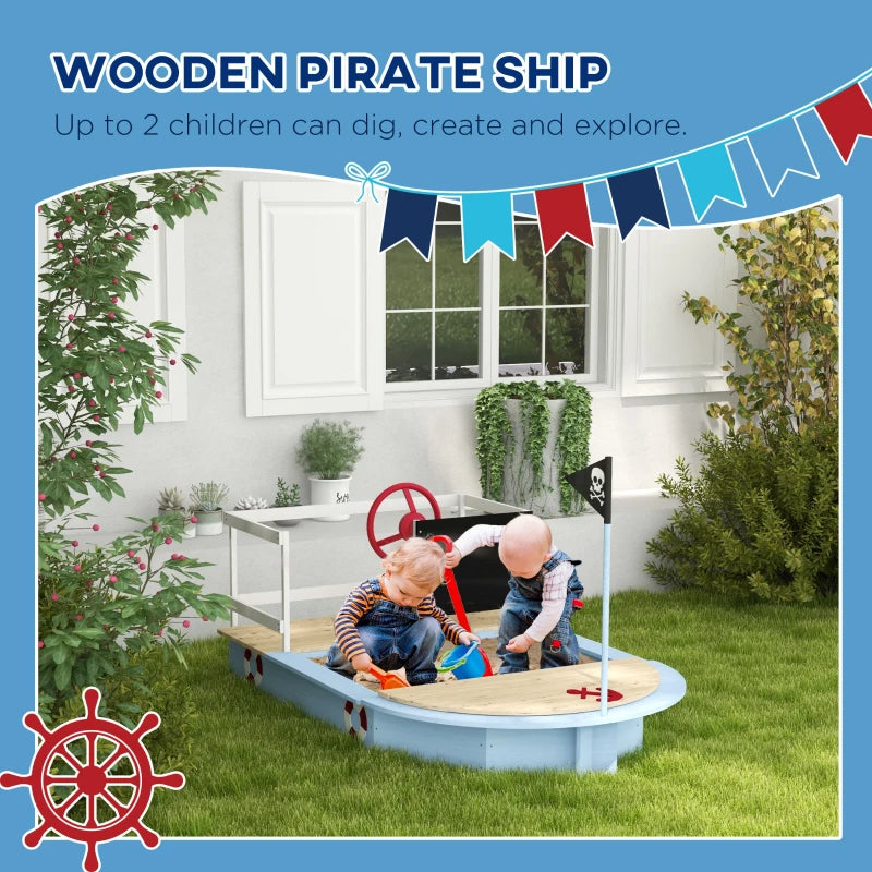 Blue Pirate Ship Wooden Sandbox for Kids