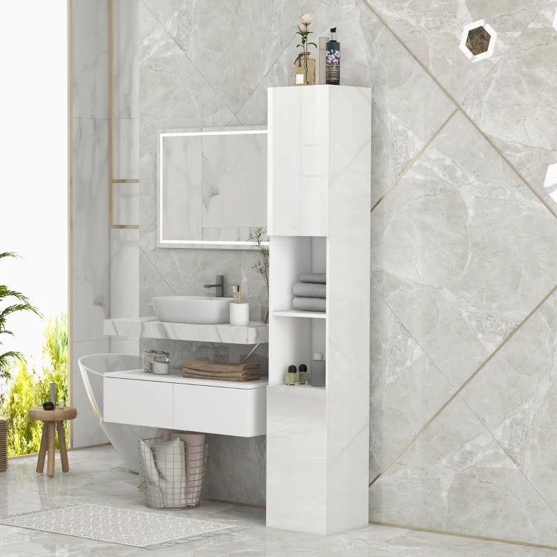 White High Gloss Bathroom Storage Cabinet with Doors, 30x30x181.5 cm