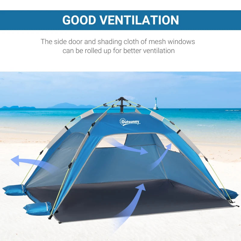 Sky Blue Beach Tent for 1-2 People with Pop-up Design, Mesh Windows & Doors